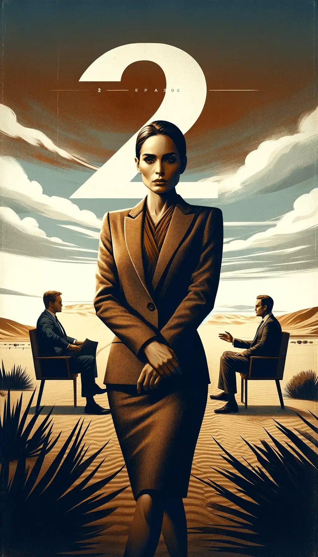 Второй эпизод первого сезона сериала с центральной фигурой девушки Ким в костюме, пустыня и двое мужчин, цифра два