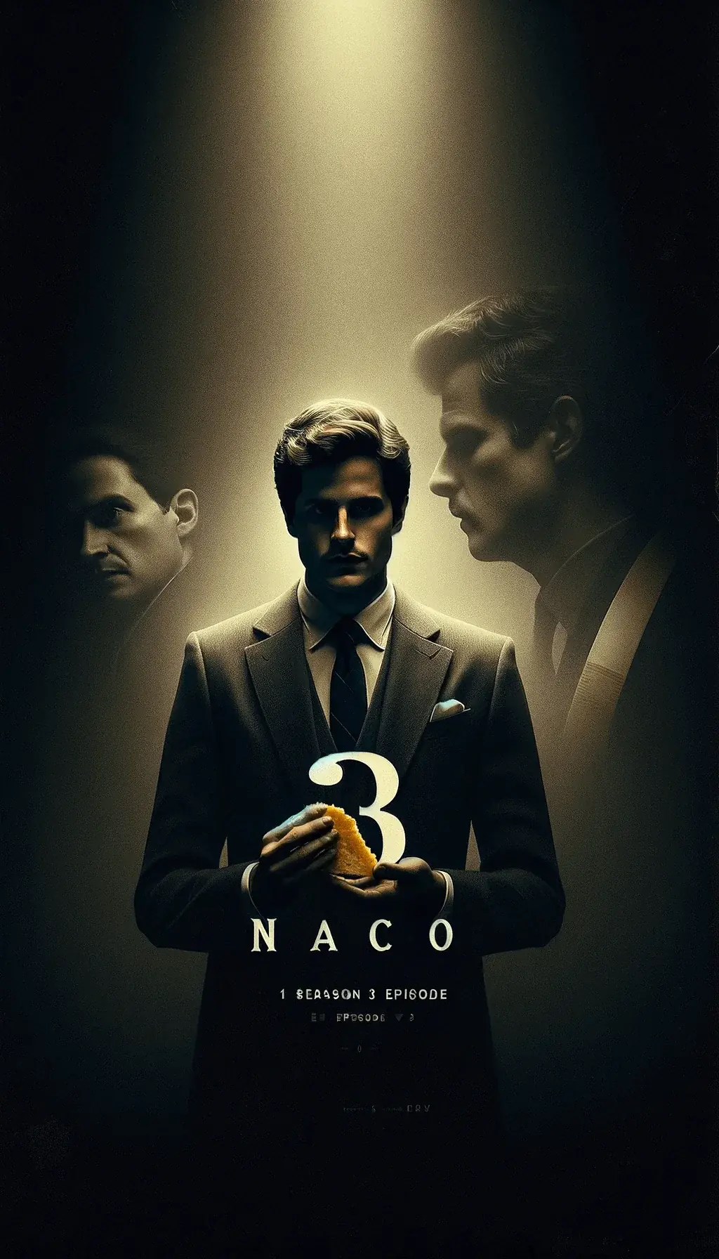Третий эпизод Начо первого сезона сериала, мужчина в костюме с тако в руках, затемненные фигуры, цифра три