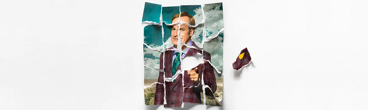 Постер пятого сезона Лучше звоните Солу, изображающий разорванное фото Сола Гудмана на фоне штормового неба, символизирующий раздирание его личности