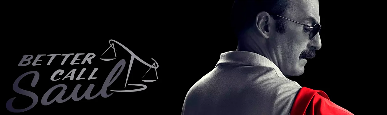 Постер шестого сезона Лучше звоните Солу с профилем Сола Гудмана на тёмном фоне, выделенный логотип сериала и весы правосудия